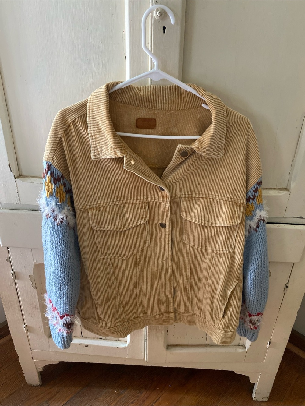 Corduroy Jean Jacket with Light Blue Patterned Knit Sleeves - Tan